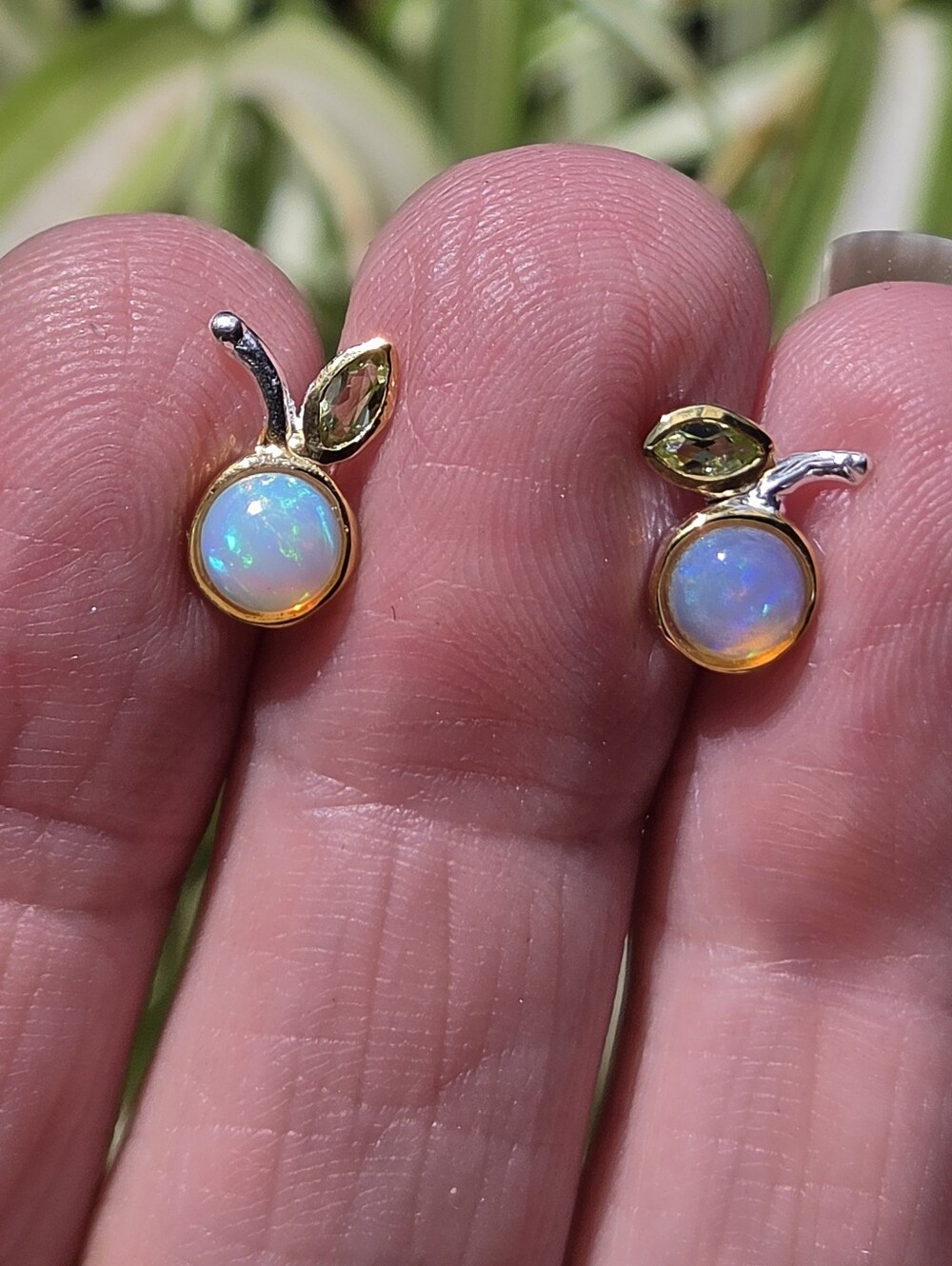 Opal & Peridot Cherry Stud Earrings - Gold & Sterling - Picture 5 of 8